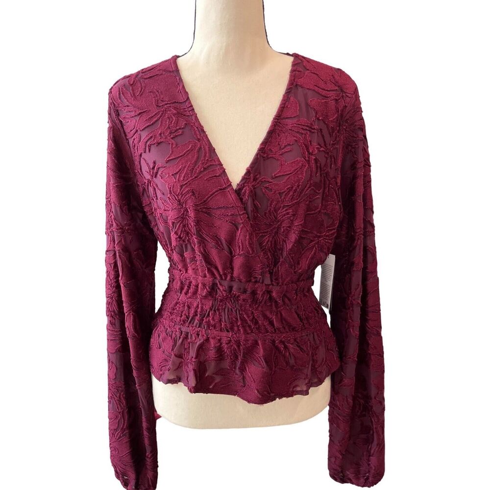 Small Women, Burgundy, Black Cherry, Lantern Sleeve V-Neck Babydoll Top
